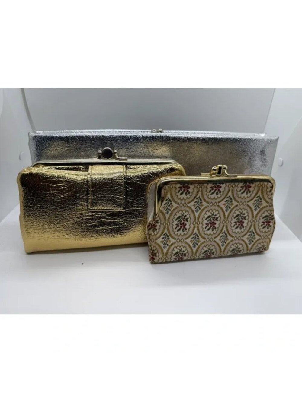{Vintage Metallic Gold Silver & Floral Fabric Wallet Set With Kiss Lock Closures